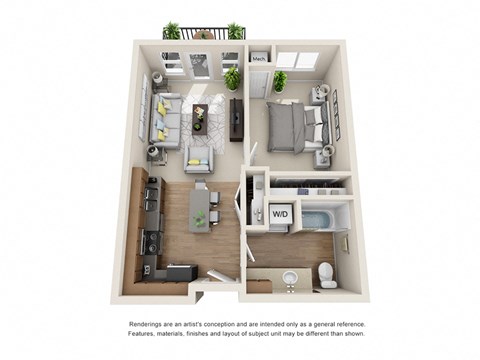 Floor plan for 1 bed, 1 bath, 750 sqft